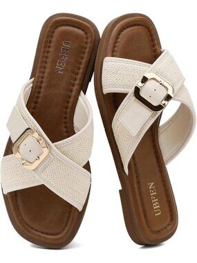 Women's White Square Toe Flat Sandals Slides Dressy Comfortable for Casual